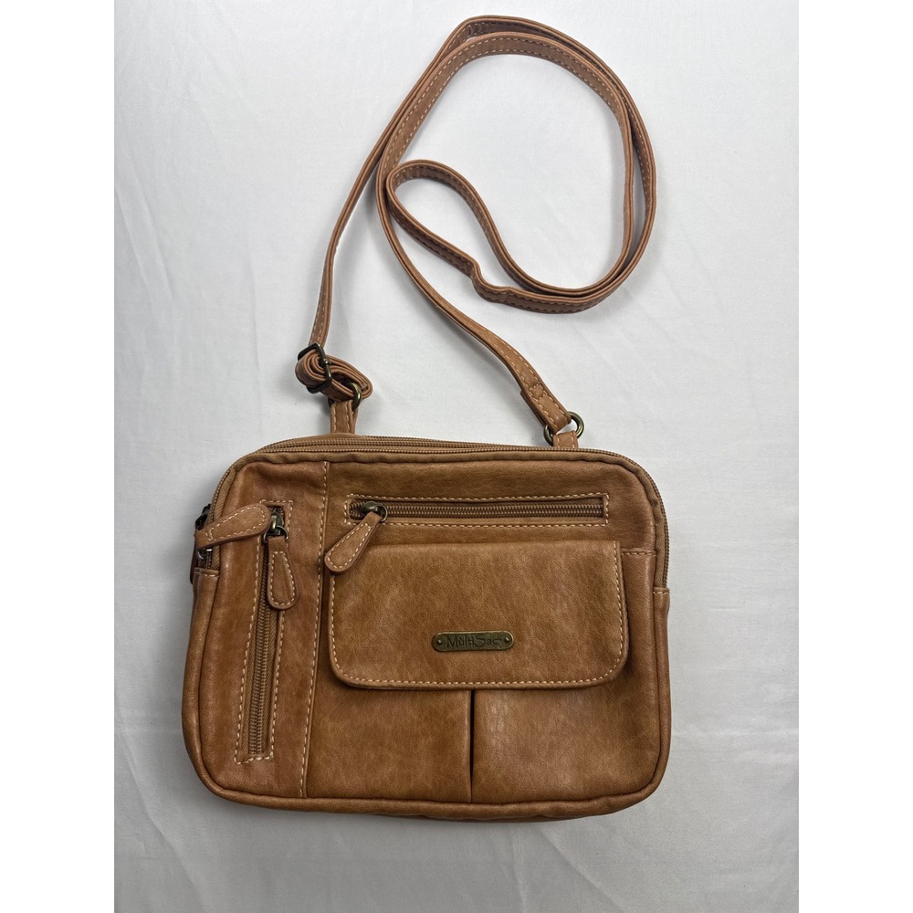 MultiSac Tan Brown Vegan Leather‎ Crossbody Organizer Bag Multiple Pockets